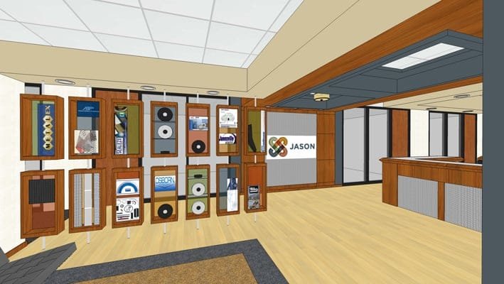 Ideas for display of corporate brand identify is explored in this BIM Model rendering of a welcome desk and waiting room