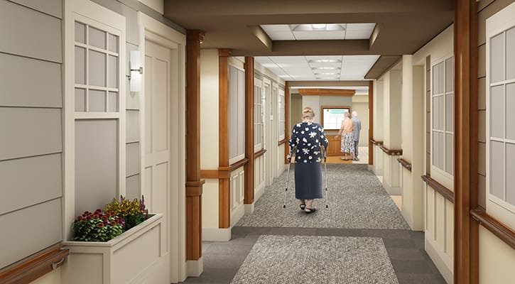 Interior corridor of LInden Grove in Waukesha, Wisconsin illustrates material selection and comfortable setting of the senior living design industry
