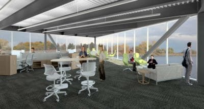 This BIM rendering illustrates a flexible open office with a view of nature, a highlight for the design of a progressive office space