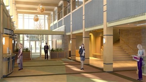 This rendering of the lobby for the Jack Russell Memorial Library in Hartford, Wisconsin, was used to illustrate view lines from the circulation desk , how the space may be used for after-hours functions, and the types of finishes including natural wood, glue-laminated columns and beams, metal, and stained concrete floors. All are durable materials selected for their beauty and ability to reduce maintenance costs