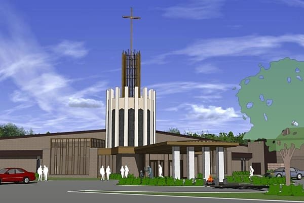 Rendering of St. John Vianney in Brookfield, Wisconsin, prepared by architects of the PRA Church Design Studio. Religious Architecture is a specialty of PRA