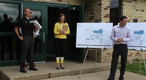 Swallow School Principal Kyle Moore (left), superintendent Melissa Thompson and Plunkett Raysich Architects project manager of k12 Education Nicholas Kent give an overview of the two different design projects at an informational tour concerning a possible referendum at the school.