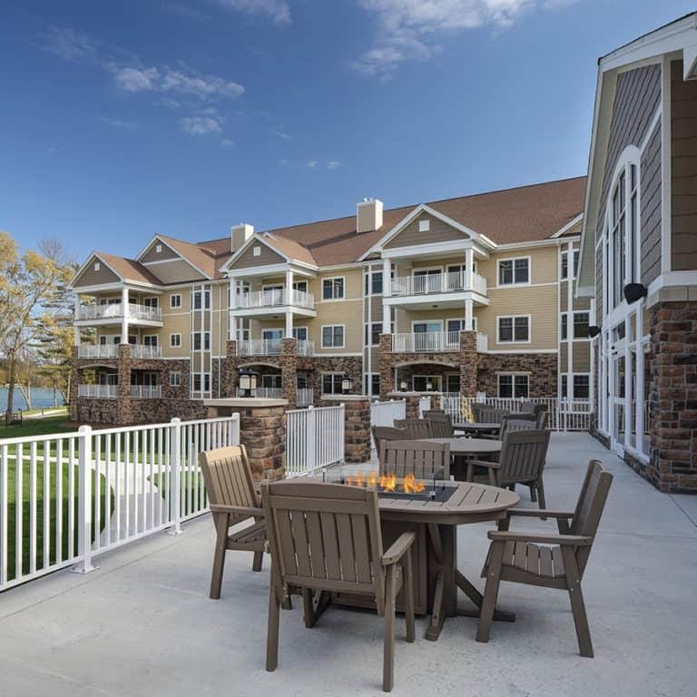 Outdoor patio to Shorehaven a retirement and assisted living home