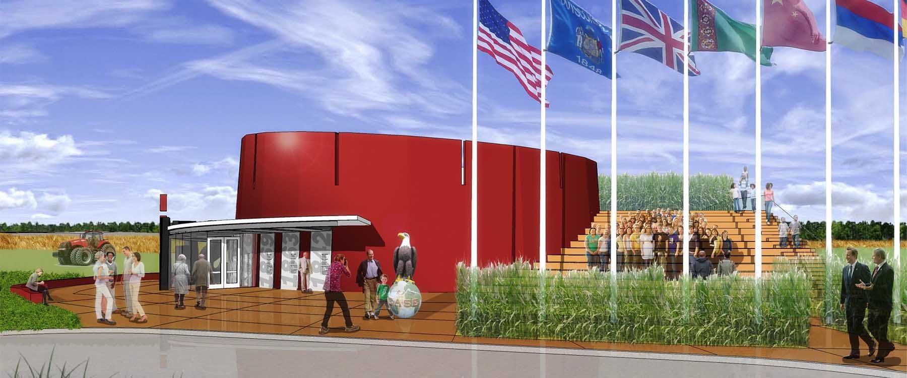 Rendering of the proposed Case IH visitor center. This corporate design prioritized corporate color and agricultural form, and putting visitors in touch with the earth, to evidence corporate branding.