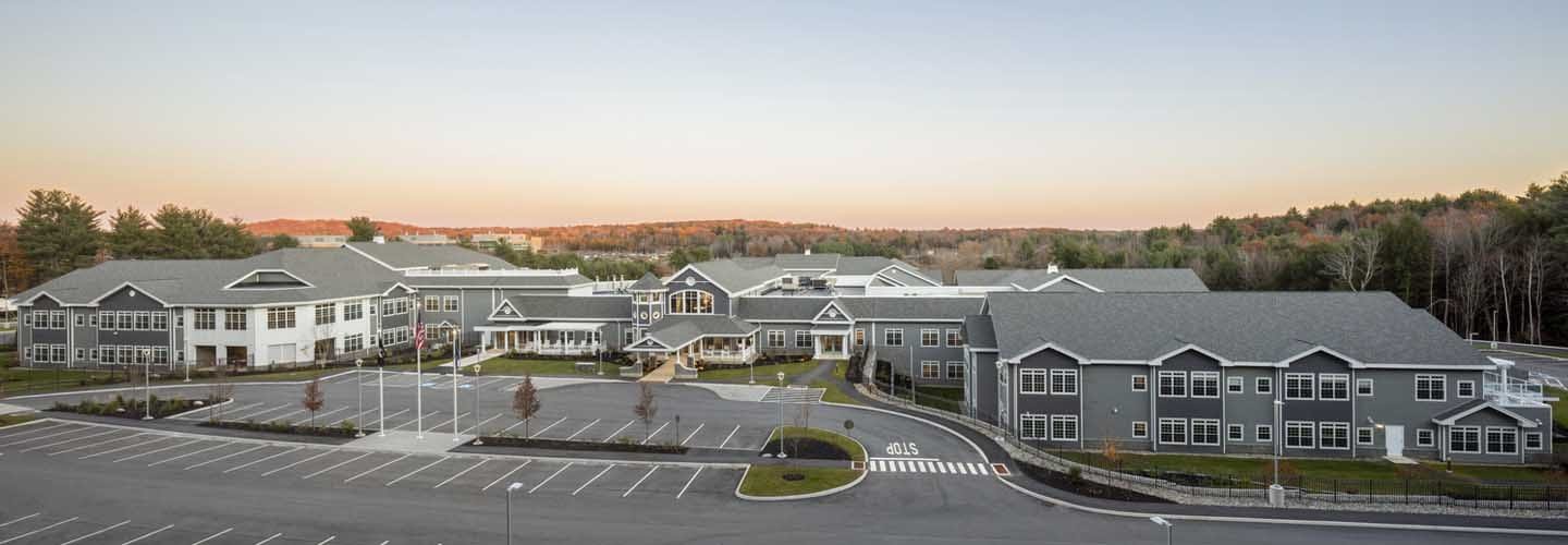 Maine Veterans' Homes in Augusta, Maine. Aerial view provides an overview of the full continuum of care campus