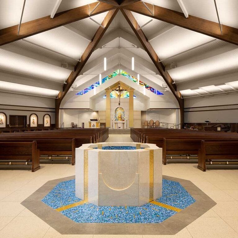 Lumen Christi Catholic Church in Mequon, WI. The Baptismal Front is near the entry to the Sanctuary, incorporating Italian marble
