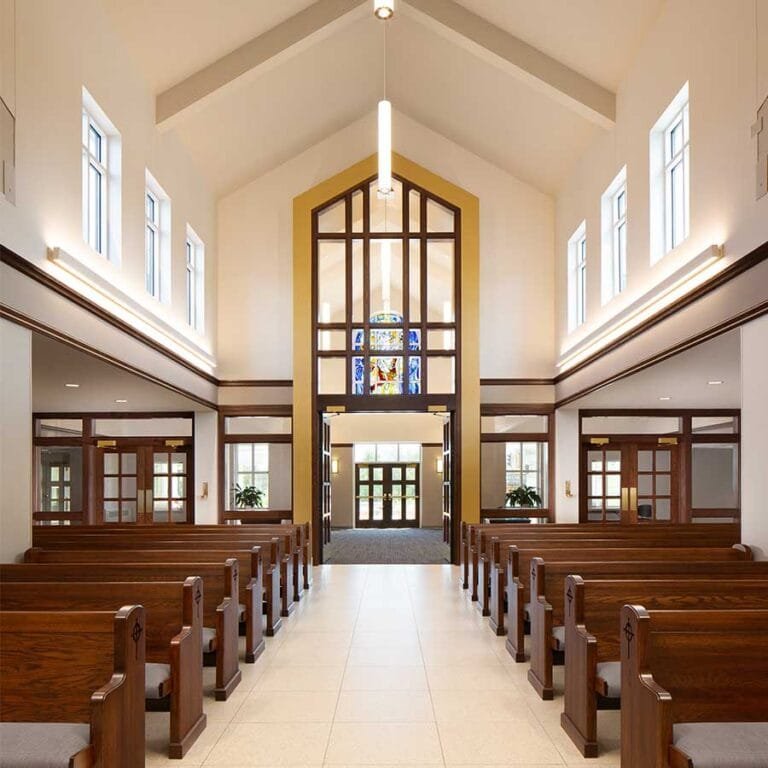 The Sanctuary of Lumen Christi Catholic Church in Mequon, Wisconsin looking towards the Narthex