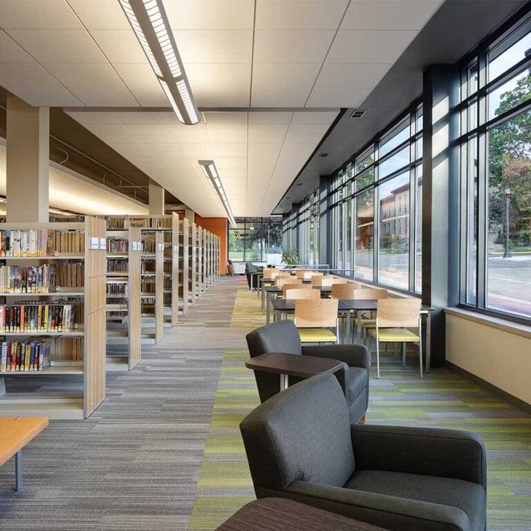 Platteville Public Library Reading and Study Space is flooded with natural light, typical of contemporary civic design.