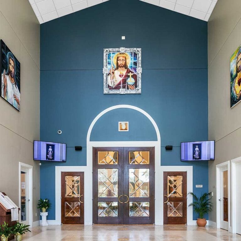 St. Catherine of Siena Catholic Church Narthex in Kissimmee, Florida incorporates both subtle and obvious religious symbolism