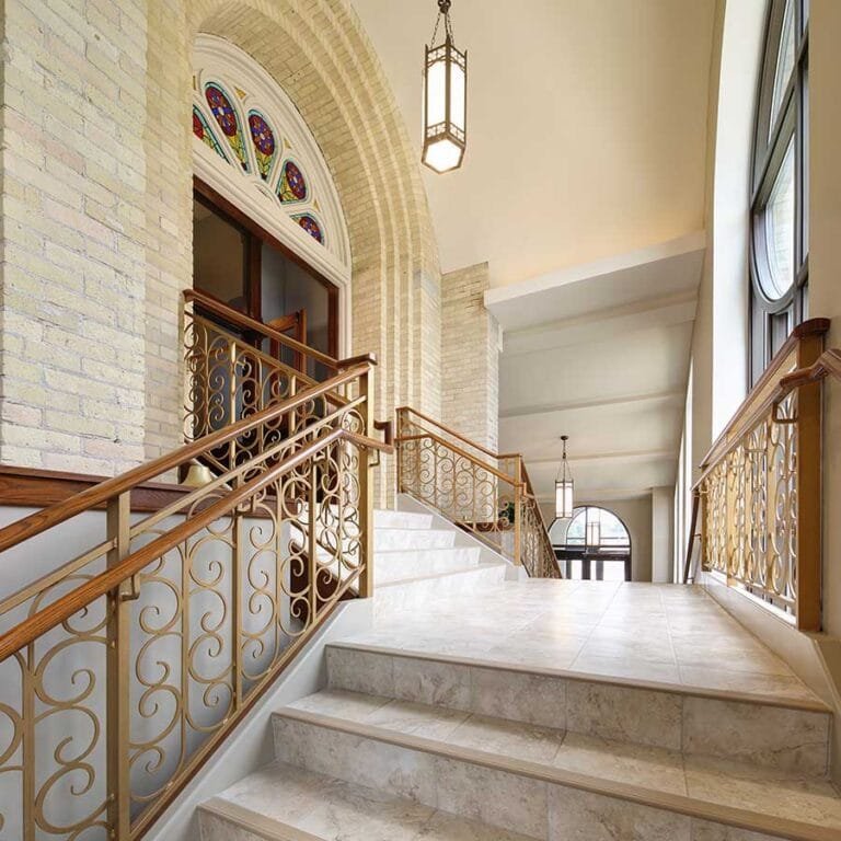 Narthex stairs of St. Peter Catholic Church in Slinger, Wisconsin