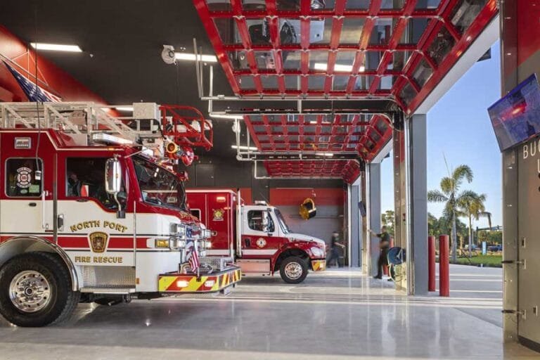 North Port Public Safety Building Apparatus Bay with Emergency Vehicles