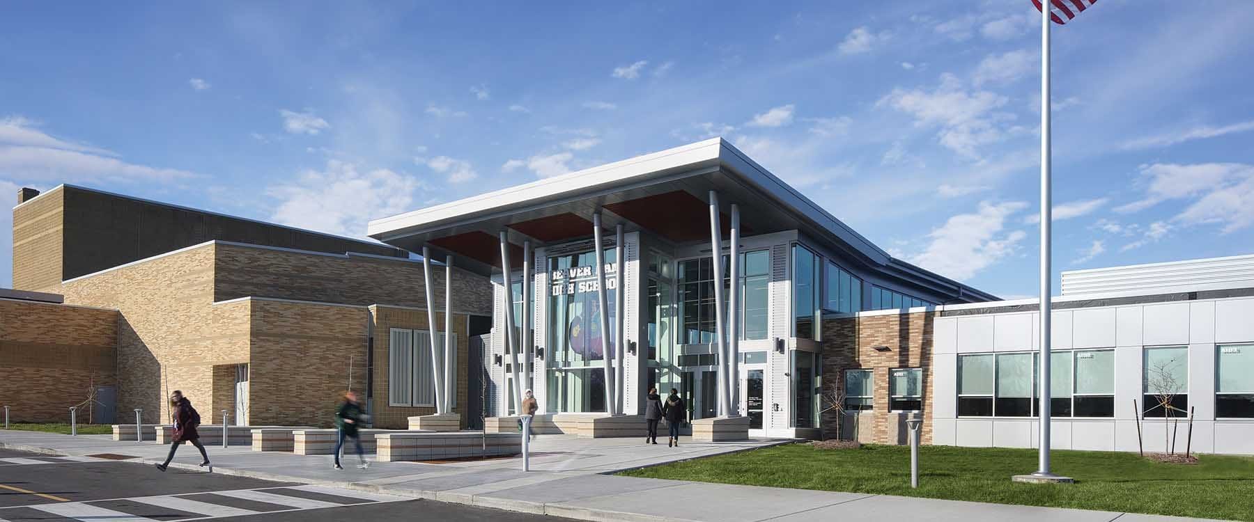 Modern school design interprets current architecture of modern industry and corporate design, as shown at the Beaver Dam High School, Beaver Dam Wisconsin