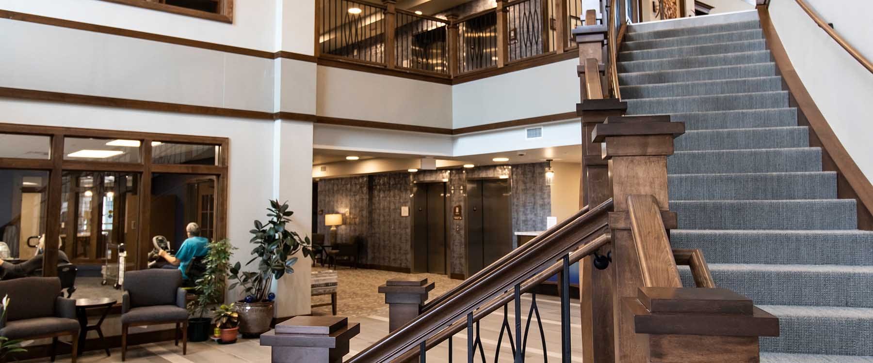 Trinity Woods Intergenerational Living. The Grand Stair provides opportunity to meet others