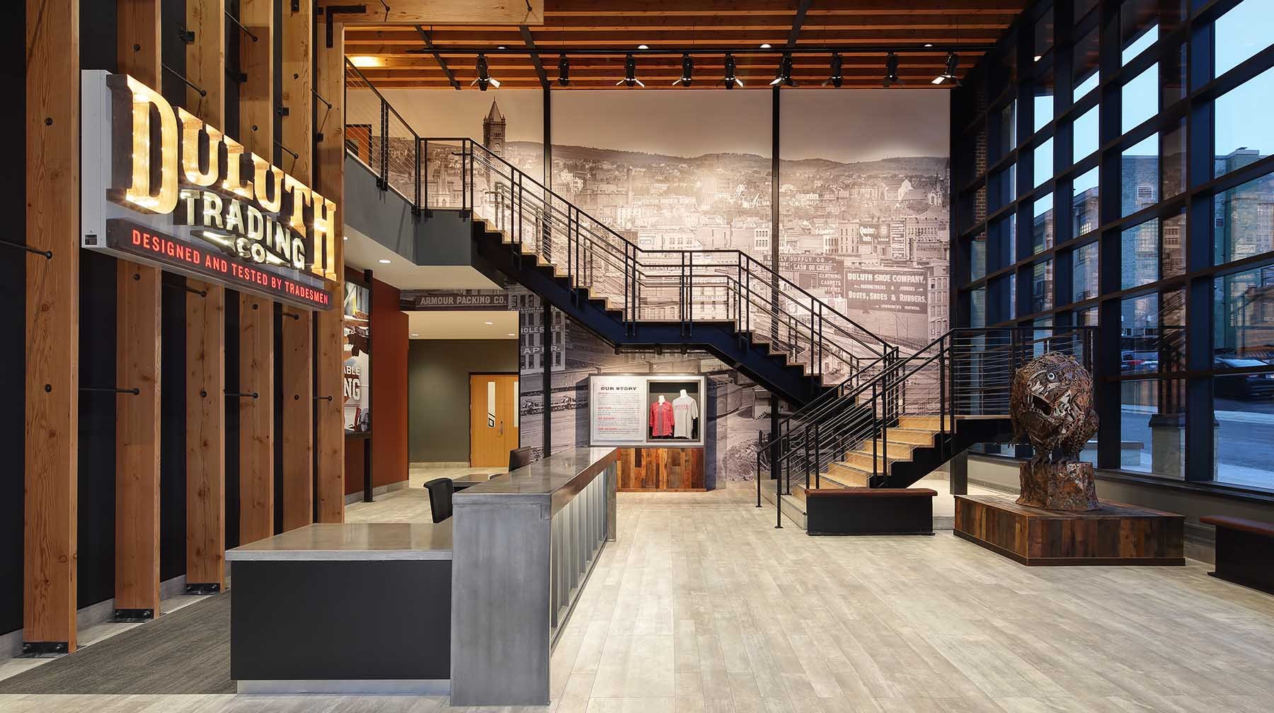 The Duluth Trading Company Headquarters in Mount Horeb, WI illustrates incorporates artwork and a sophisticated selection of materials and finishes to evoke the Duluth brand